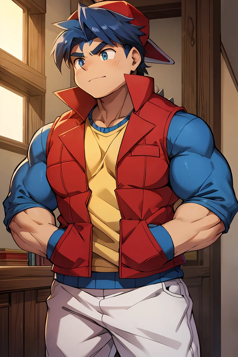 Huge muscles,cramped clothes,Young boy,,(((8-year-old boy)))Blue hat,Spiky Hair,Red vest