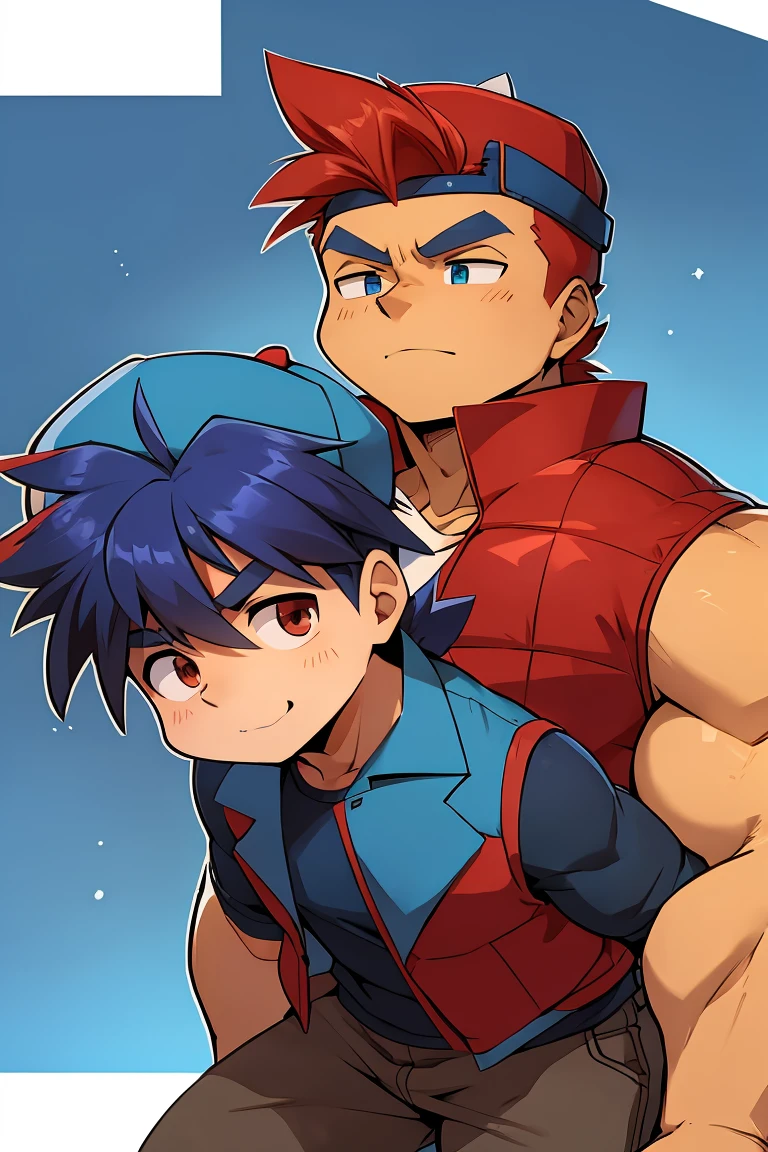 Huge muscles,cramped clothes,Young boy,,(((8-year-old boy)))Blue hat,Spiky Hair,Red vest