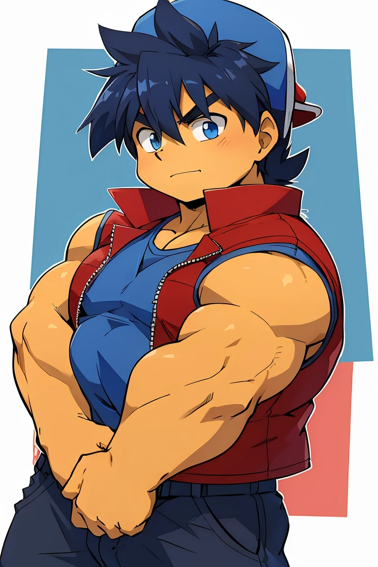 Huge muscles,cramped clothes,Young boy,,(((8-year-old boy)))Blue hat,Spiky Hair,Red vest