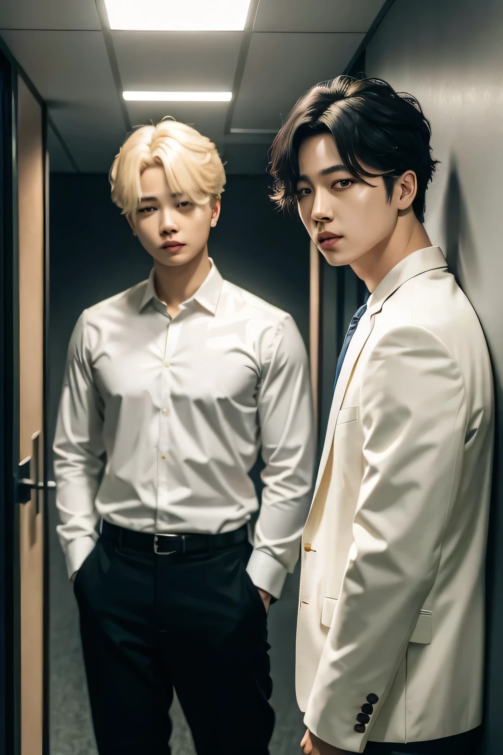 Park Jimin ( blonde hair man ) hidden behind the wall looking at Jeon Jungkook ( black hair man ) in a company room