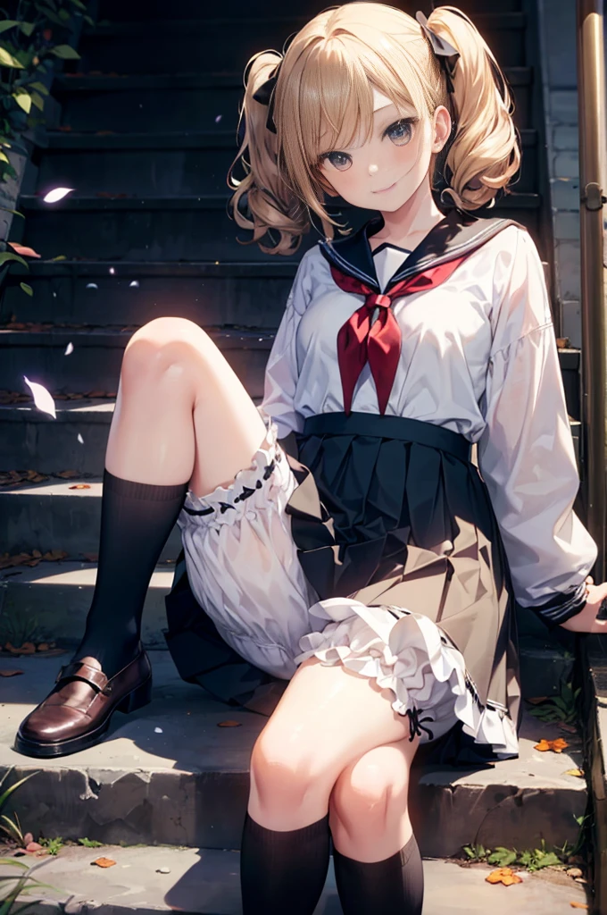 (masterpiece), 4K,young woman,Long sleeve sailor suit,Small breasts,Small Ass,Curly Twin Tails,Light bulb lighting,Realistic, skinny, Big smile,bra,((,Wear bloomers under your skirt)),Sitting on the stairs,((Knee-length frill skirt)),Angle from below the knee