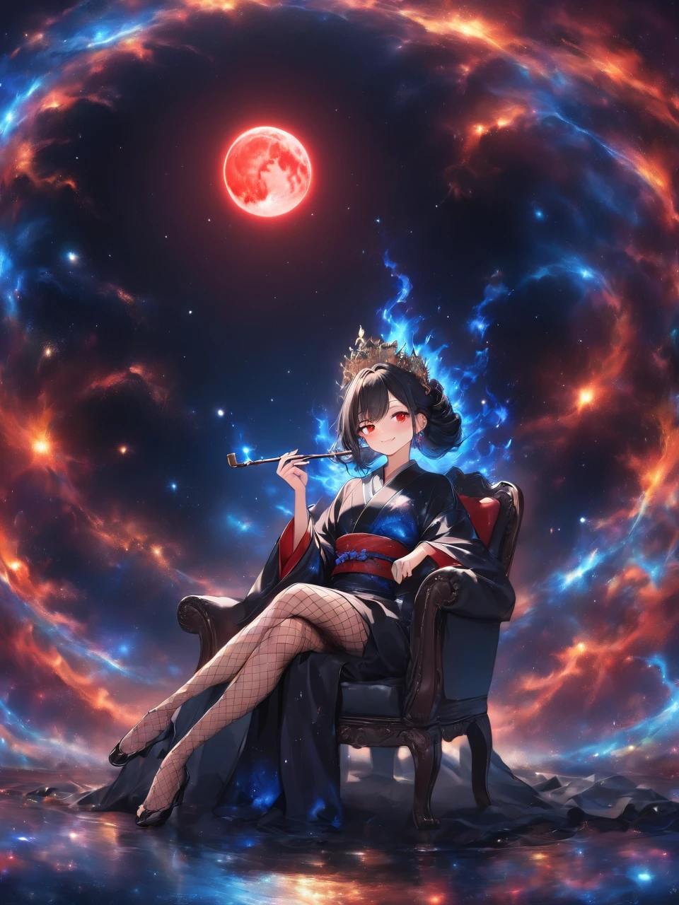 Highest quality, Highest quality, 16K, Unbelievably absurd, Very detailed, 2.5D, delicate and dynamic,Blue Flame,Blue Flameが周りにある,Blue Flameのエフェクト,Blue Flameに囲まれる,darkness,universe,Black Hole,Red Moon,hell,woman,Beautiful appearance,22 years old,Elegance,Glittering kimono,Black-based kimono,Blue Flameをまとう,Fishnet tights,Vivid decoration,Shiny Hair,Red eyes,Queen,smile,ridicule,Smoking a pipe,Sit on a chair,Crossing your legs,Reminiscent of death,Skeletons are falling