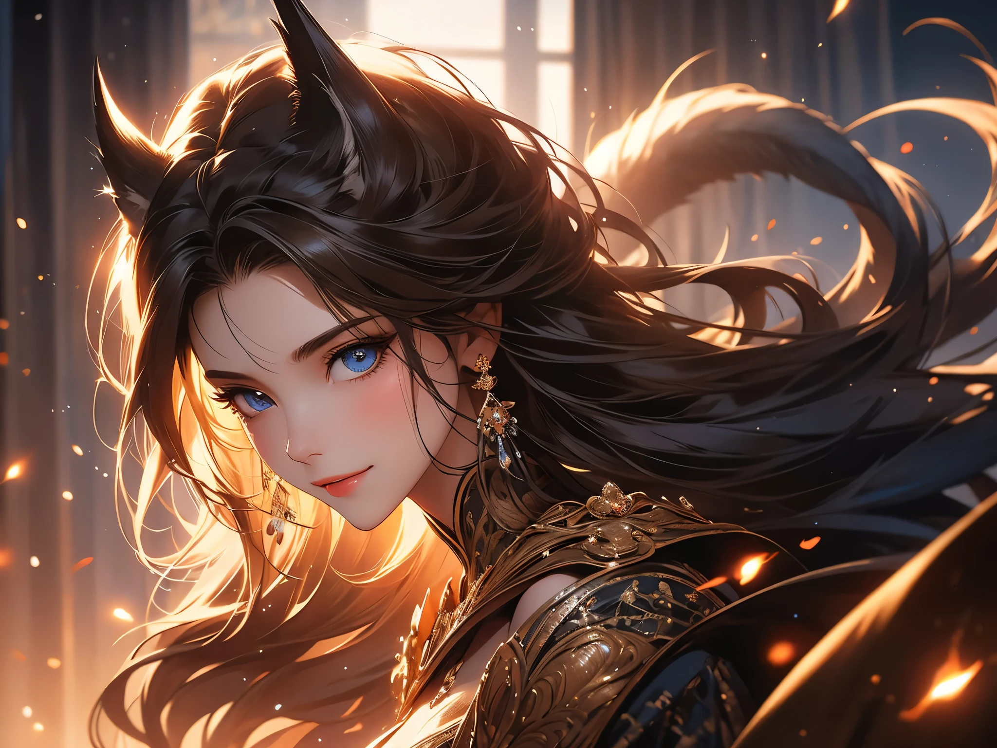 (Best quality), (masterpiece), (a high resolution), (complex parts:0.2),(professional lighting), room, detailed background, black oversized t-shirt, from the shoulder, (previous view), 1 girl, One, (Beautiful face:1.40), slender body, Thin skin, smile, A long tail, Brown hair, sky blue eyes, (Medium beasts:1.10), cm. в программе проcmотра,