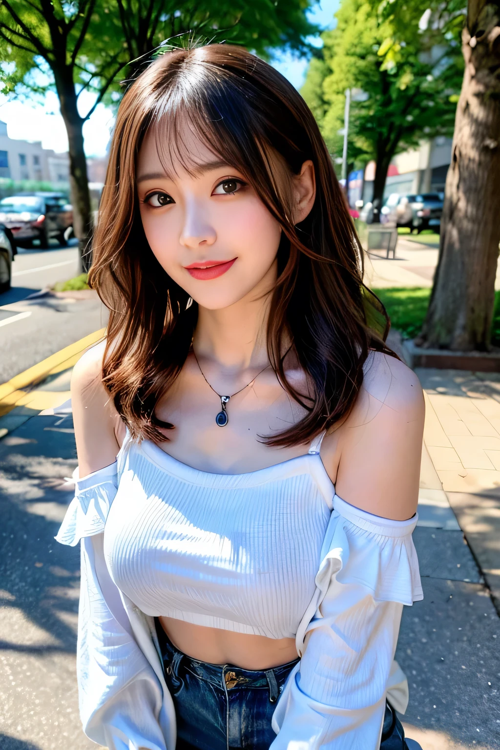 seed;2372725988,((Full Body Angle))、((Front hair:1.3))、((Highest quality, 8k, masterpiece: 1.3)), concentrated: 1.2, Cute girl 1,Nipples erect、 Perfect beauty: 1.4,Summer off-the-shoulder cropped T-shirt、Letter Print、Shorts: 1.2,Long sleeve、Randall Color、comics&Text Graphics、Black ruffle-trimmed drawstring zip blouse,1.1, Highly detailed face and skin textures, Fine grain, double eyelid, whitening skin, ,Highest quality,Ultra-high resolution,you,1 girl,alone,_Shiny_skin,Iris,necklace,((brown_length_Wavy_hair)),(lips)),eyelash,Front hair,deal with,compensate,Shiny,pore,skin,Large Breasts、((smiling face))、stroll、Selfie、