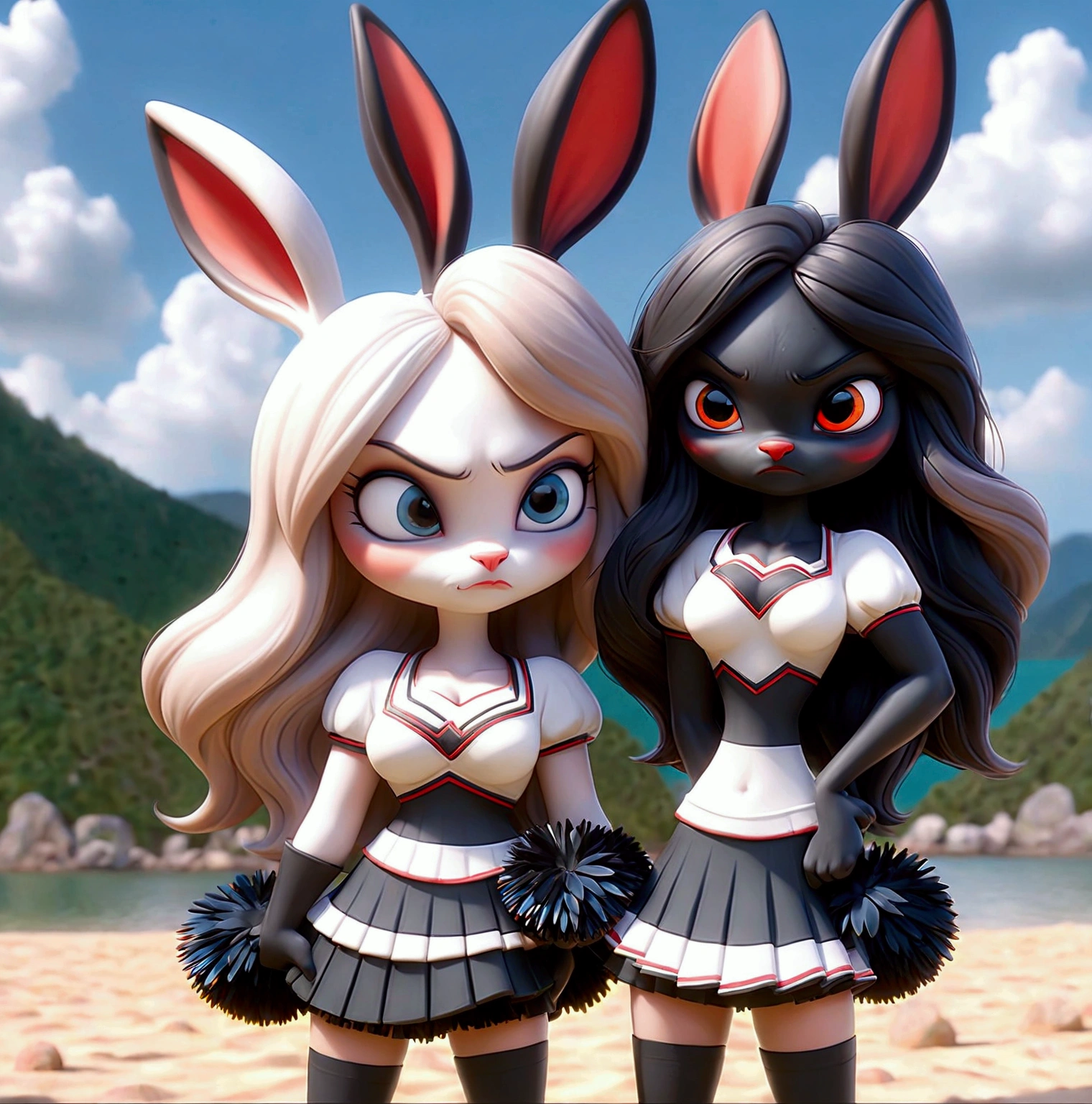 Two rabbits (animal): the one with white fur wears a classic dress and has blonde Channel hair, while the one with black fur opts for shorts and a cropped top, with long red hair. ultra realisitic 