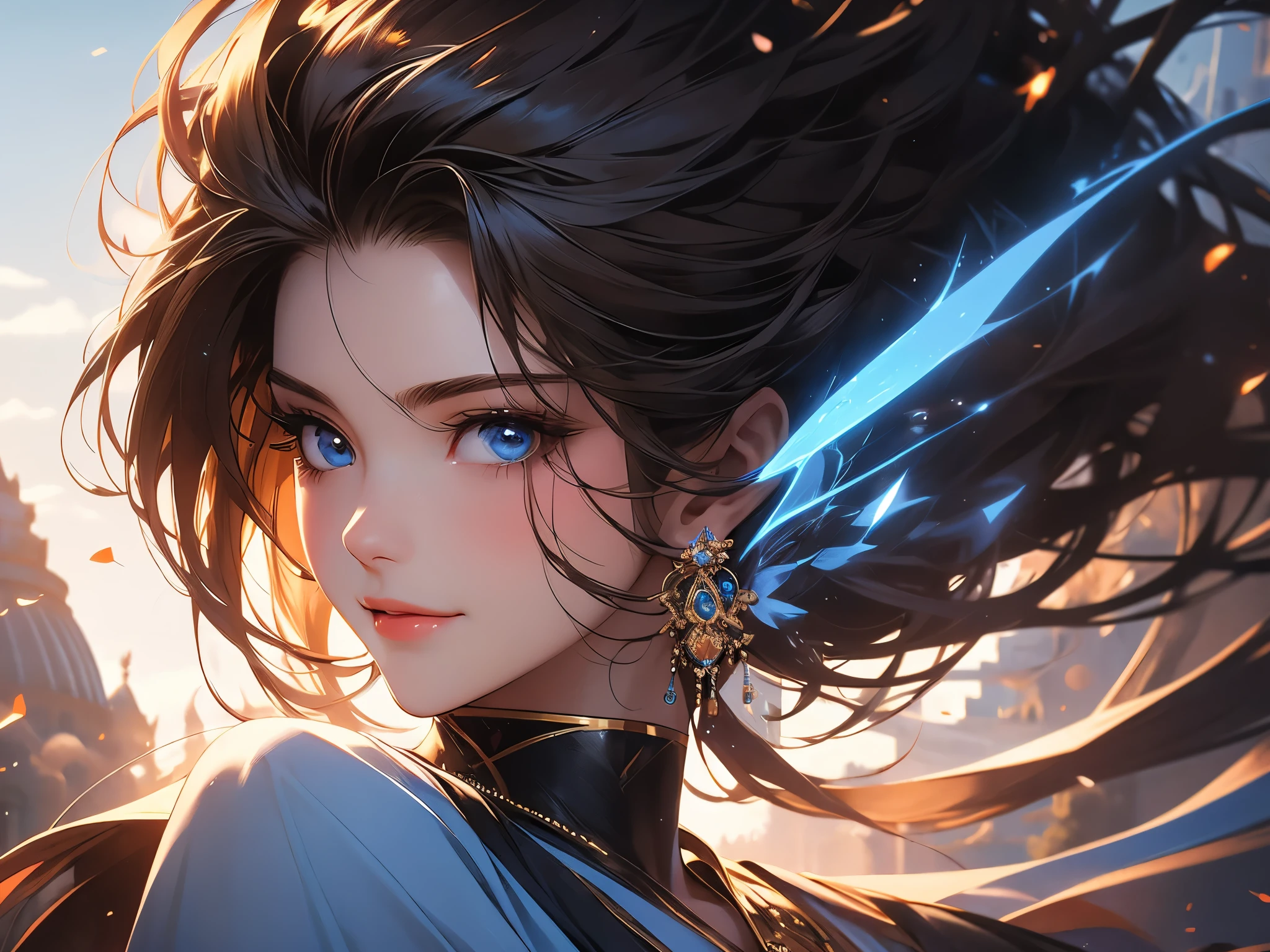 (Best quality), (masterpiece), (a high resolution), (complex parts:0.2),(professional lighting), room, detailed background, black oversized t-shirt, from the shoulder, (previous view), 1 girl, One, (Beautiful face:1.40), slender body, Thin skin, smile, A long tail, Brown hair, sky blue eyes, (Medium beasts:1.10), cm. в программе проcmотра,