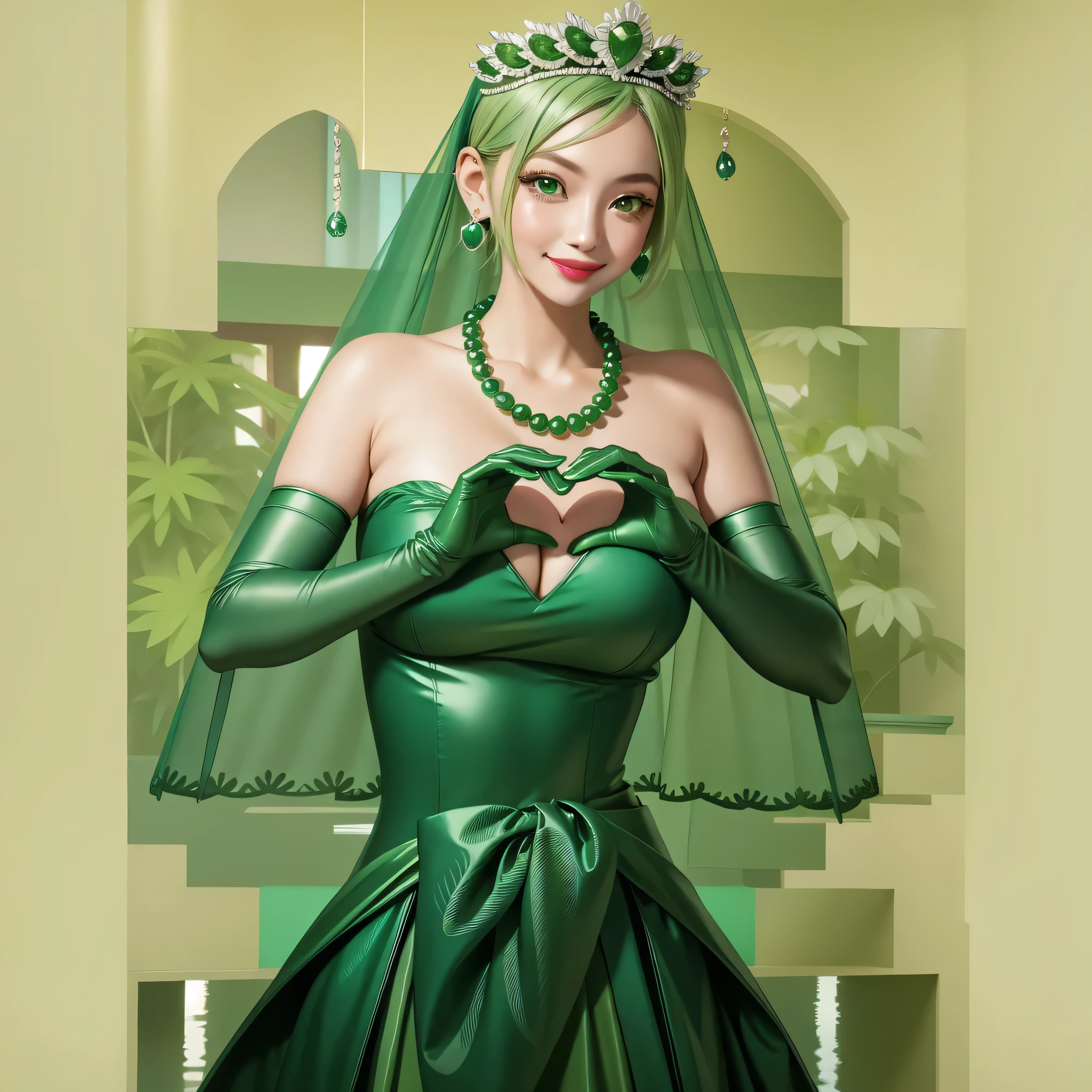 Emerald tiara, Green Pearl Necklace, Boyish very short green hair, Green Lips, Smiling Japanese woman, Very short hair, Busty beautiful lady, Green Eyes, Green satin long gloves, Green Eyes, Emerald Earrings, Green veil, Heart with both hands, Green Hair, Beautiful Japanese Woman, Heart shaped hands:1.3, green lip gloss