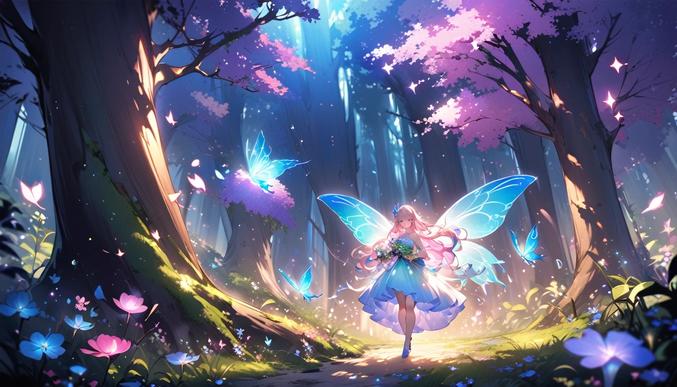A charming fairy delicately holding a magical fantasy flower in an enchanted forest. The  fairy has iridescent wings, glowing skin, and flowing hair adorned with tiny flowers. Her dress is made of gossamer and flower petals. The fantasy flower in her hands is large, with swirling, luminescent petals in otherworldly colors. The mystical forest background is lush with bioluminescent plants, glowing mushrooms, and ethereal mist. Soft, diffused light filters through the dense canopy, creating a dreamy atmosphere. Fireflies and sparkling dust motes dance in the air around the fairy. The forest floor is carpeted with moss and unusual, colorful flora. Twisted, ancient trees with faces barely visible in their bark loom in the background. The overall scene is saturated with vibrant, fantastical colors and a sense of magic and wonder.