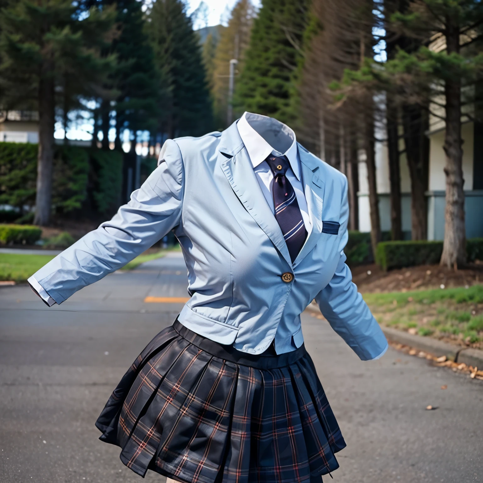 leaning forward, school blazer, plaid skirt, stripe tie, fat, cute big breasts, (invisible, no human, headless, handless:1.5)