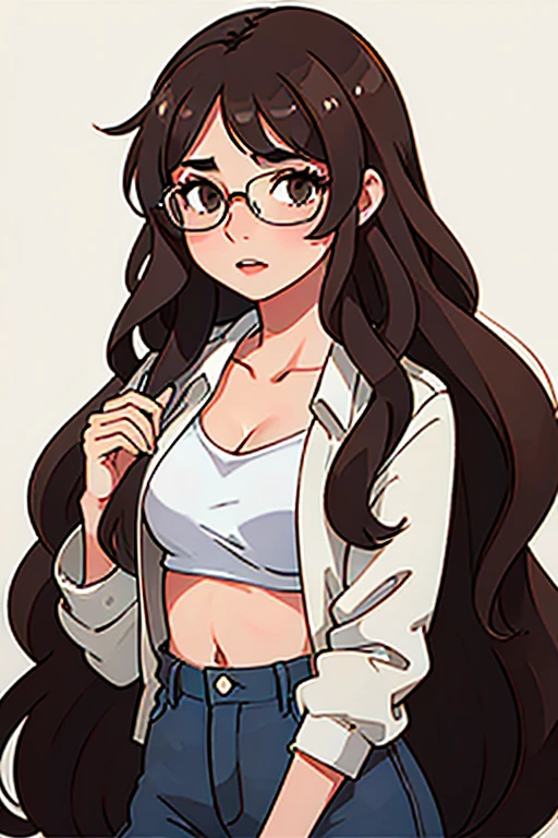 Curly and long hair ,brunette brown eyes glasses ,small breasts