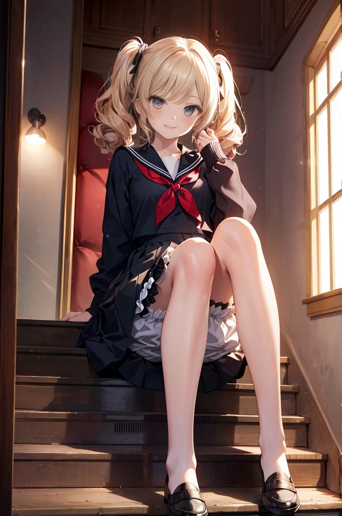 (masterpiece), 4K,Young woman,Long sleeve sailor suit,Small breasts,Small Ass,Curly Twin Tails,Light bulb lighting,Realistic, skinny, Big smile,((,Bloomers under a skirt)),Sitting on the stairs,((Knee-length frill skirt)),Angle from below the knee