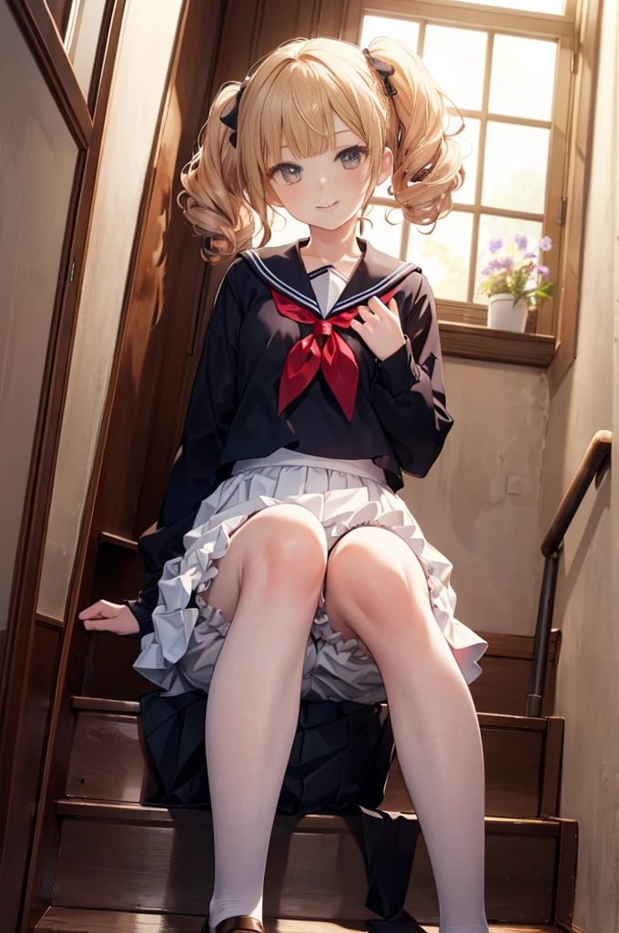 (masterpiece), 4K,Young woman,Long sleeve sailor suit,Small breasts,Small Ass,Curly Twin Tails,Light bulb lighting,Realistic, skinny, Big smile,((,Bloomers under a skirt)),Sitting on the stairs,((Knee-length frill skirt)),Angle from below the knee