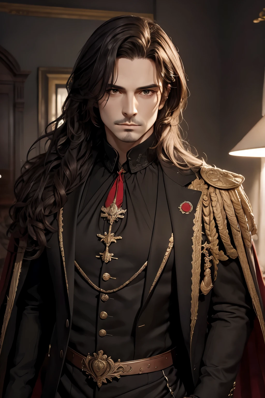 (neocruz), (Best Quality,4k,hight resolution:1.2),Ultra-detailed,Realistic,Portrait,Black & Gold Palette,Long flowing golden hairstyle, ((Red detailed eyes)), Vampire Liquids,radiant lighting,Detailed facial features,Dark background,Single man,in a black suit and black wings