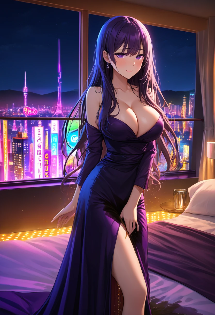 woman, very dark purple hair, purple eyes, long hair, large breasts, very long dress, very tight dress, standing, (wetting herself:1.5), best quality, ultra-detailed, HDR, studio lighting, professional, vivid colors, sharp focus, bokeh, landscape, love hotel, bed, night, window, cityscape, colorful city, neon lights, futuristic, science fiction, soft lighting, dynamic shadows, embarrassed, humiliation, blushing, naughty face, seductive expression, facing viewer