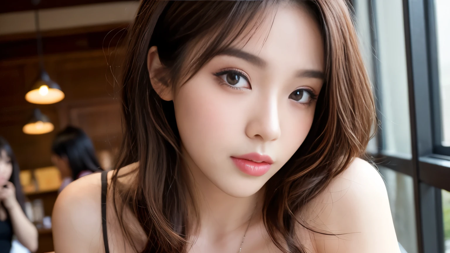 Canon RF85mmf/1.2,masterpiece,Highest quality,Ultra-high resolution,1 girl,(Korean mixed race,K-Pop Idols:1.2),alone,white_Shiny_skin,black eye,necklace,((brown_length_Wavy_hair)),((pink_Shiny_lips)),eyelash,前hair,deal with,Compensate,Shiny,pore,skin texture,Photographed inside the cafe,Inside a stylish cafe