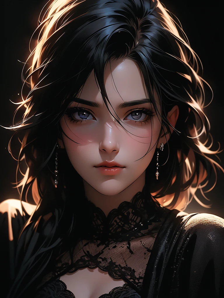 a beautiful 30-year-old woman, shot in the chest, black eyes, black hair, warm background, smirk, detailed face, detailed eyes, detailed lips, stunning portrait, high quality, photorealistic, dramatic lighting, dramatic shadows, cinematic composition, moody atmosphere, chiaroscuro, oil painting, masterpiece