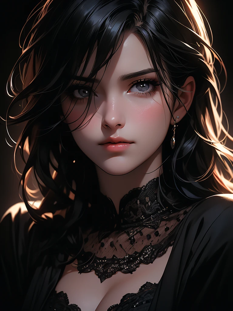a beautiful 30-year-old woman, shot in the chest, black eyes, black hair, warm background, smirk, detailed face, detailed eyes, detailed lips, stunning portrait, high quality, photorealistic, dramatic lighting, dramatic shadows, cinematic composition, moody atmosphere, chiaroscuro, oil painting, masterpiece