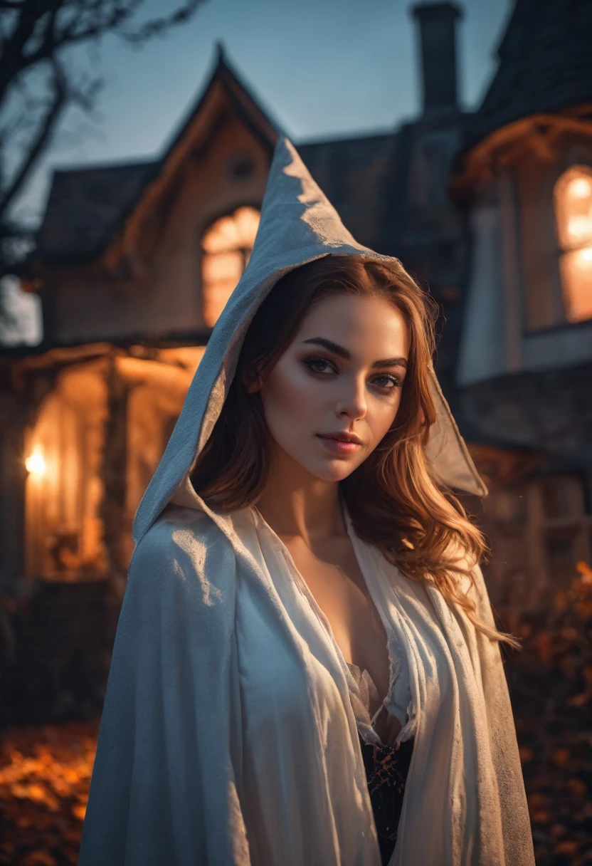 girl, beautiful cute woman super model, super sensual pose, 22 years old, perfect anatomy, ultra realistic, photo realistic, 8k resolution, raw photo, perfect white balance, high quality, high detail, cinematic, rim light, wearing beautiful halloween witch, witch cloak, portrait, full body, dynamic pose, night bokeh, fantasy halloween old house