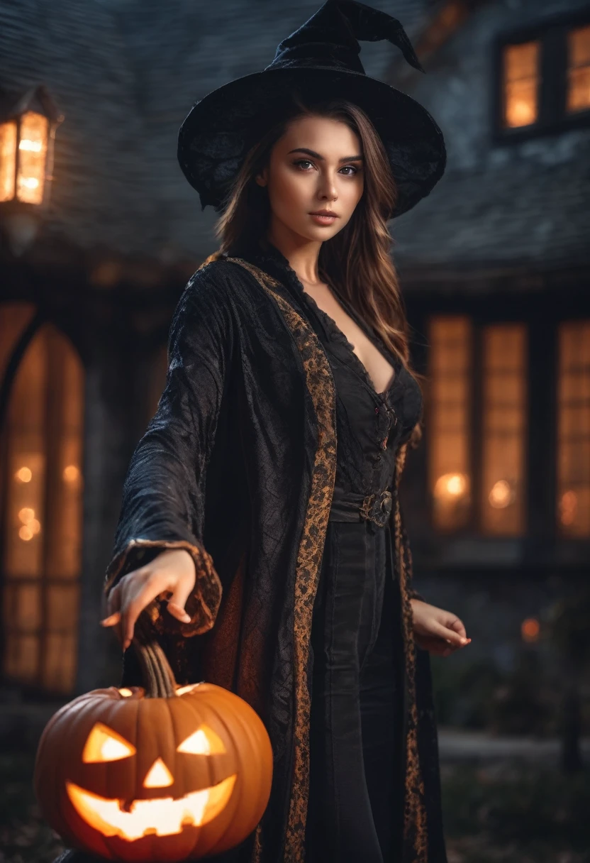girl, beautiful cute woman super model, super sensual pose, 22 years old, perfect anatomy, ultra realistic, photo realistic, 8k resolution, raw photo, perfect white balance, high quality, high detail, cinematic, rim light, wearing beautiful halloween witch, witch cloak, portrait, full body, dynamic pose, night bokeh, fantasy halloween old house