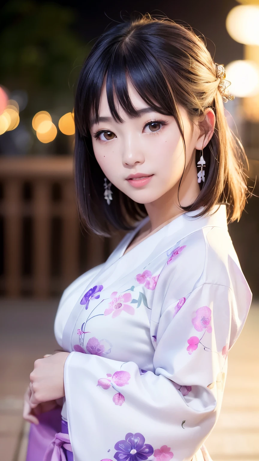 (logo、masterpiece、8k、Tabletop、RAW Photos、wonderful、最high quality、フォトリアリスティックでVery detailedな CG 複合 8k 壁紙、high quality、Very detailed、Narrative poem、Particle Effects、Dynamic Effects、Depth of the Boundary、Cinematic Light、Lens flare、Ray Tracing)、 (One beautiful woman wearing a yukata、White yukata、Light purple pattern)、Black-haired、High definition skin、Very fine、Fine skin texture、Beautiful Face、True Face、Beautiful details in the eyes、Realistic eyes、Beautifully detailed eyes、Realistic Skin、Beautiful Skin、Surreal、Smiling Eyes、Hair and light eyes、vivid、Colorful lights and bokeh、plump lower lip、Pink Lips、Hair flutters in Wind、Hair bounces、wonderful景色、night、evening、Wind、moonlight、moonlight、light