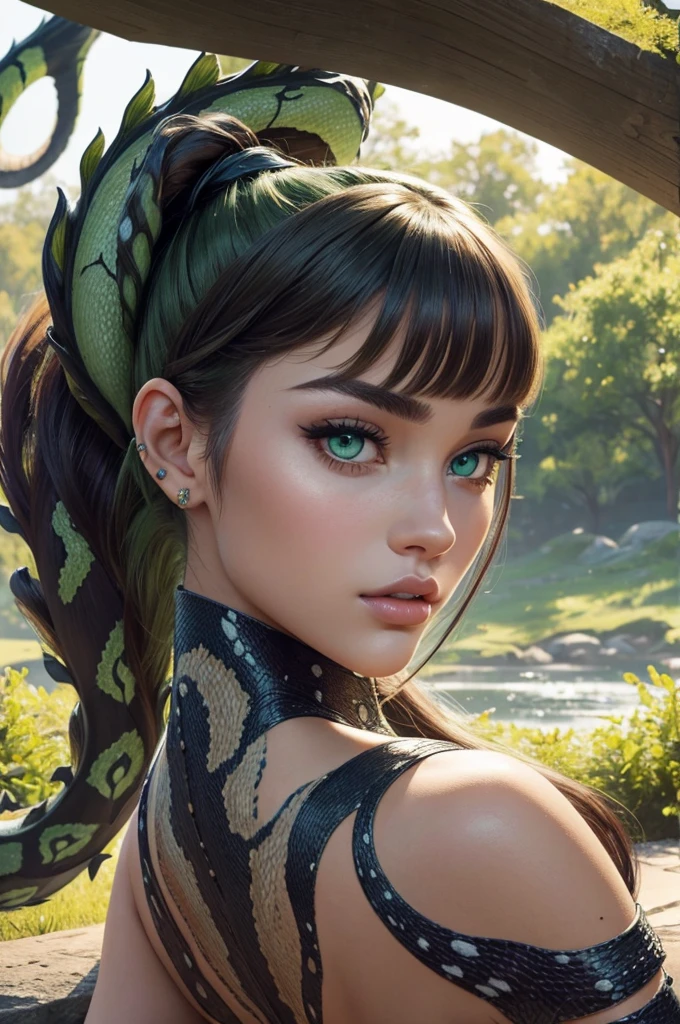 Megan Williams, ultra detailed face, ultra detailed green eyes, hair bangs ponytail, (((Lamia, masterpiece)))