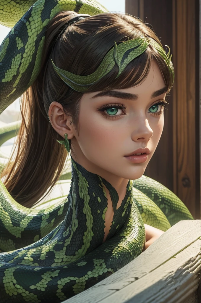 Megan Williams, ultra detailed face, ultra detailed green eyes, hair bangs ponytail, (((Lamia, masterpiece)))