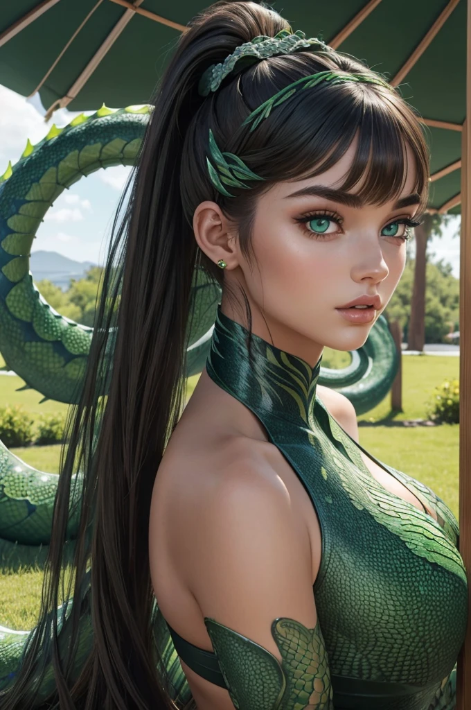 Megan Williams, ultra detailed face, ultra detailed green eyes, hair bangs ponytail, (((Lamia, masterpiece)))