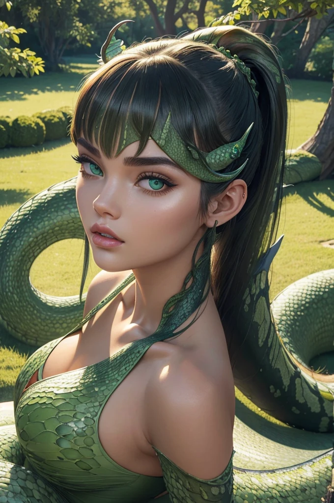Megan Williams, ultra detailed face, ultra detailed green eyes, hair bangs ponytail, (((Lamia, masterpiece)))