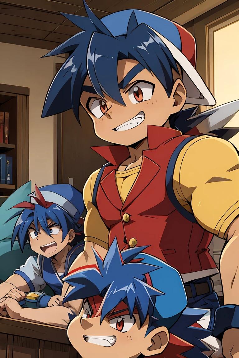 Huge muscles,cramped clothes, boy,,(((8-year-boy))ue hat,Spiky Hair,Red vest,An innocent smile,Double teeth,Beyblade Battle