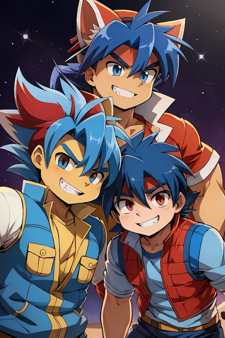 Huge muscles,cramped clothes,Young boy,,(((8-year-old boy)))Blue hat,Spiky Hair,Red vest,An innocent smile,Double teeth,Beyblade Battle