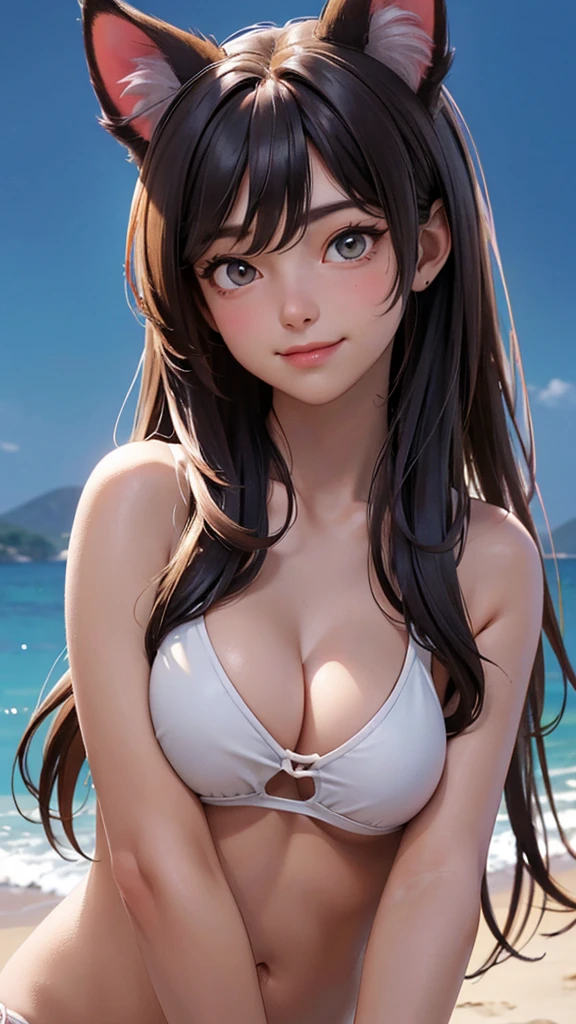 (high resolution, upper body, soft skin:1.2),(best illustration,masterpiece:1.2),ultra-detailed,[(cat ears , gray inside:1.2, brown cat eyes, rainbow long hair, large breast),vivid colors,sharp focus,portrait, beach lighting,bokeh, wearing a tan bikini, waterfront background, smiling, eating donuts