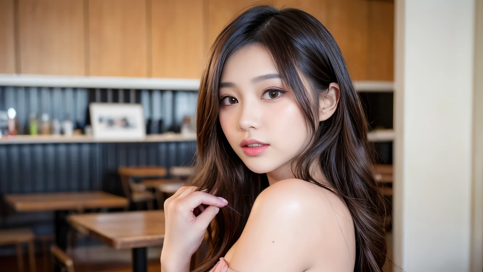 Canon RF85mmf/1.2,masterpiece,Highest quality,Ultra-high resolution,1 girl,(Korean mixed race,K-Pop Idols:1.2),alone,white_Shiny_skin,black eye,necklace,((brown_length_Wavy_hair)),((pink_Shiny_lips)),eyelash,前hair,deal with,Compensate,Shiny,pore,skin texture,Photographed inside the cafe,Inside a stylish cafe