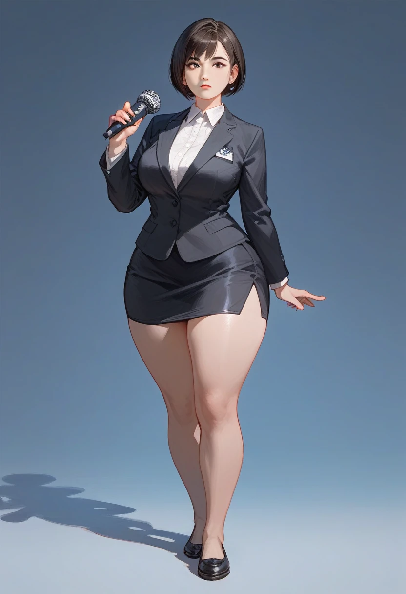 (score_9,score_8_up,score_7_up) 1lady asian, solo, mature female, (black short hair), bob hairstyle, bangs, almond eyes, (suit), tight black blazer, (tight pencil_skirt), blank expression, pale, ((thick thighs)) ((flatshoes, black footwear))  ((wide hips)) standing upright, full body shown, holding microphone, news reporter, busty, thick legs, thick thighs pressed together, asian woman, hourglass bodyfigure, staring at camera, asian details, facing forward, detailed face, staring