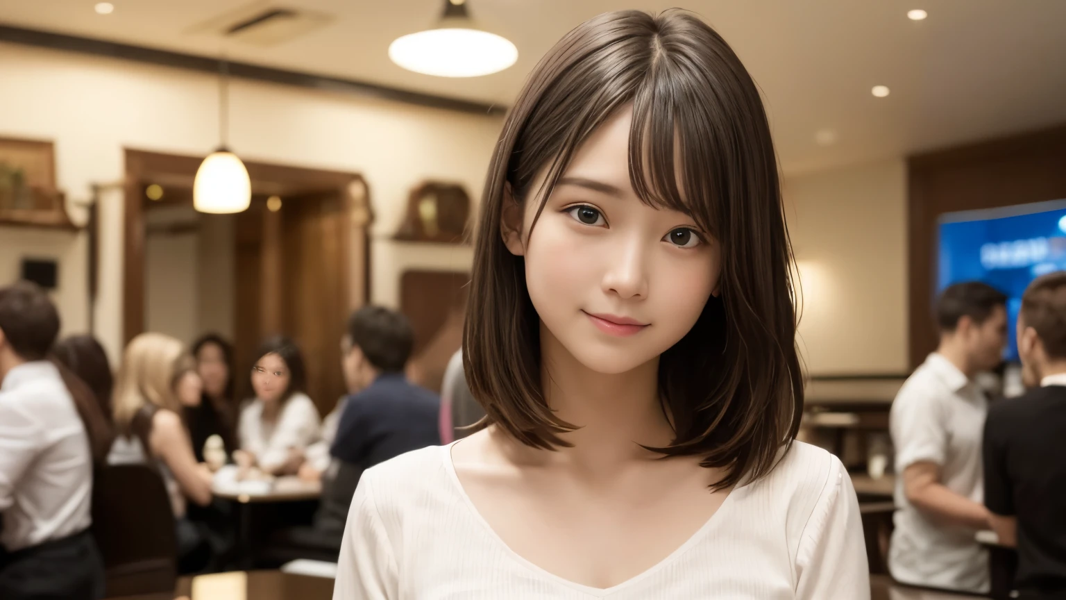 masterpiece, Highest quality, 8k, disorganized person, (Upper Body:1.4), White shirt, Beautiful girl, Beautiful face, Looking at the audience, smile, Ultra-realistic, High resolution, picture, The focus was clear, High resolution, Face Light, Dynamic Lighting, Cinema Lighting, Professional Shadow, Beautiful cafe background, Best details, Very detailed, Super detailed, Finely detailed, Real Skin, Delicate facial features, Detailed face and eyes, Sharp pupils、Realistic students