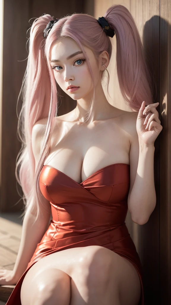 (Draw a full-body image of a beautiful girl in a red Chinese dress leaning against a wall in a pure white room with a sly expression, posting on SNS). (The beautiful girl is 18% Japanese, 26% French, and 56% Ukrainian, , 178cm tall, with a small bust but a beautiful, well-balanced figure.) (Her hair is pink ash gray, super long, tied in twin tails with black ribbons, and curls in a spiral toward the ends.) (Her eyebrows are the same color as her hair, thin, slightly thick, and short, and her eyelashes are long.) (Her large blue eyes reflect the light of the lighting and are amazingly beautiful like pearls.) (Her nose is high like an English person, her lips are plump and shaped so that you want to kiss them, her skin is translucent white, and the balance between her head and face is based on traditional Japanese aesthetics.) Pay attention to the number of fingers, and express them very delicately, not too many or too few. (Single, Masterpiece, Ultra Detailed, Top Quality, Artistic Composition, Ultra Precision, Realistic, Photorealistic, High Resolution, Dynamic Lighting Effects, Golden Ratio, Surreal). Try your best to meet all these criteria.