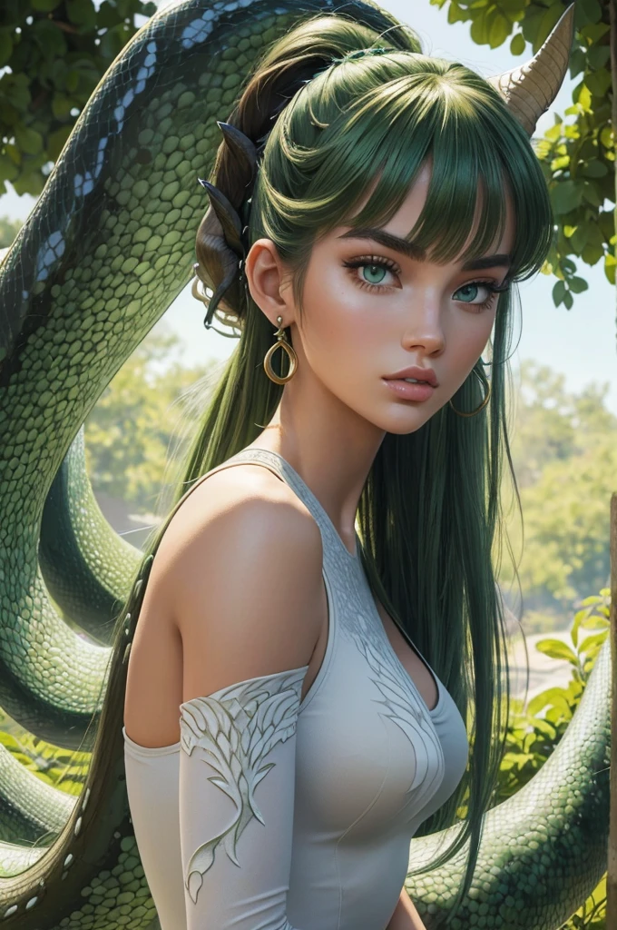 Megan Williams, ultra detailed face, ultra detailed green eyes, hair bangs ponytail, (side view), (((lamia, masterpiece)))