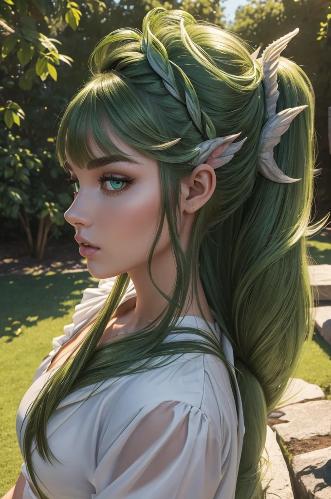 Megan Williams, ultra detailed face, ultra detailed green eyes, hair bangs ponytail, (side view), (((lamia, masterpiece)))