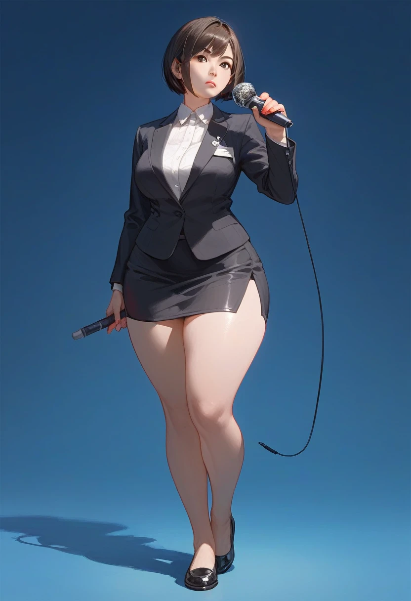 (score_9,score_8_up,score_7_up) 1lady asian, solo, mature female, (black short hair), bob hairstyle, bangs, almond eyes, (suit), tight black blazer, (tight pencil_skirt), blank expression, pale, ((thick thighs)) ((flatshoes, black footwear))  ((wide hips)) standing upright, full body shown, holding microphone, news reporter, busty, thick legs, thick thighs pressed together, asian woman, hourglass bodyfigure, staring at camera, asian details, facing forward, detailed face, staring