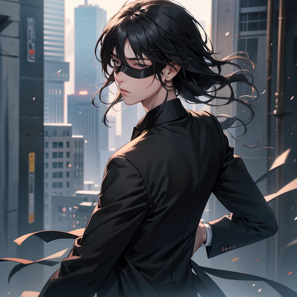 1boy, black hair, blindfolded, wearing all black suits, on top of a building, crying, high res, ultrasharp, 8k, masterpiece, close up view from behind