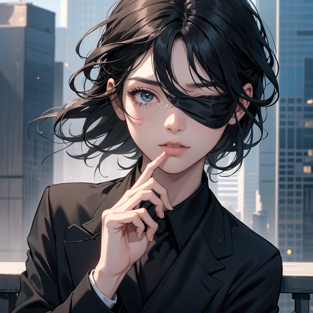 1boy, black hair, blindfolded, wearing all black suits, on top of a building, crying, high res, ultrasharp, 8k, masterpiece, close up view from behind