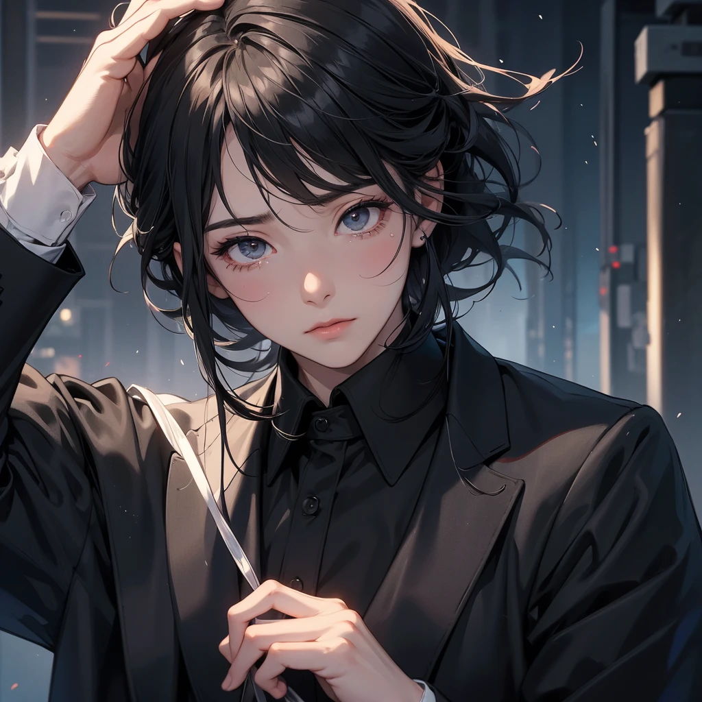 1boy, black hair, blindfolded, wearing all black suits, on top of a building, crying, high res, ultrasharp, 8k, masterpiece, close up view from behind