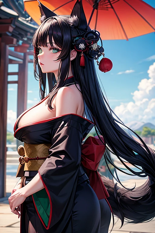 nine tailed girl, blue and green eyes, corpulent, full lips, long bluish black hair, black wolf ears, black white and red shoulder-to-shoulder yukata kimono.