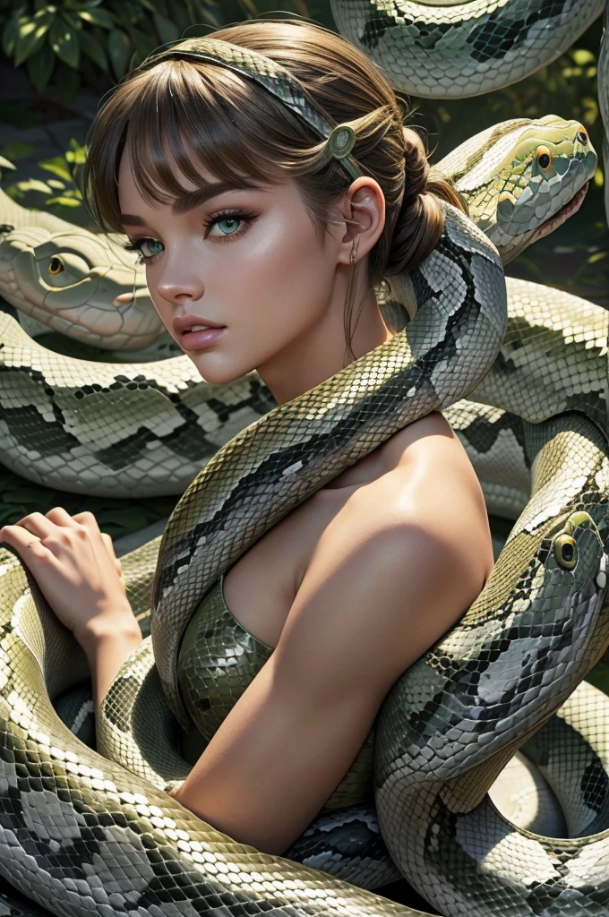 Megan Williams, ultra detailed face, ultra detailed green eyes, hair bangs ponytail, (side view), (((lamia, snake body, masterpiece)))