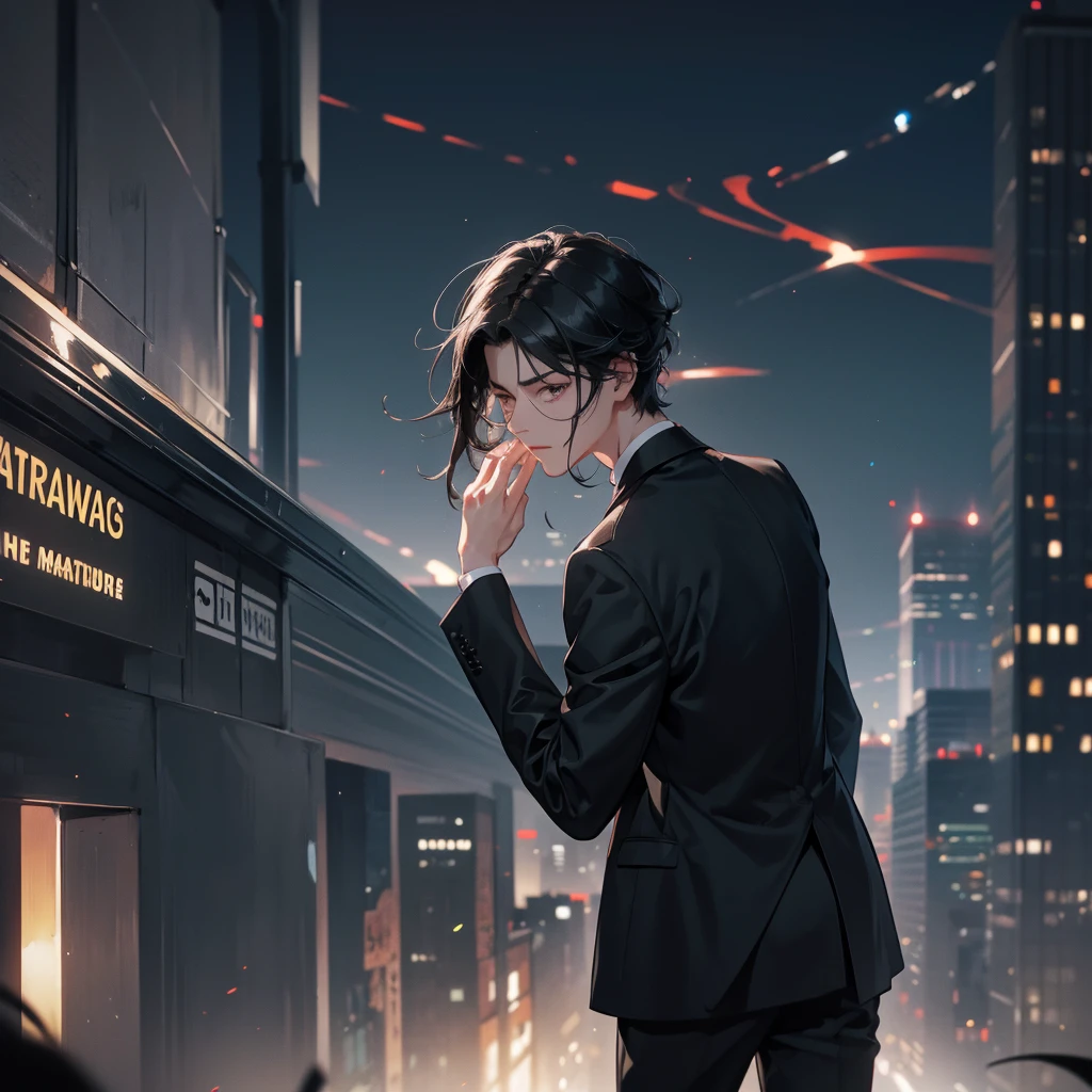 1boy, black hair, blindfolded, wearing all black suits, on top of a building, crying, high res, ultrasharp, 8k, masterpiece, looking at viewer from behind