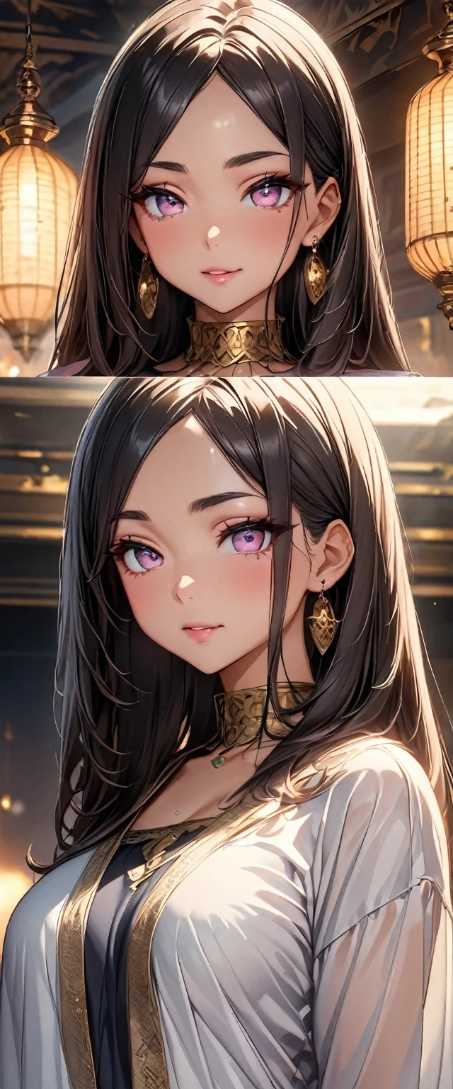 (Perfect Anatomy)、Mastepiece、Ultra High Quality、 8k、masterpiece、Highest quality、Ultra-high resolution、Maximum resolution、Very detailed、Professional Lighting、anime、woman、thin、Very beautiful face、Very beautiful eyes、(Highly detailed eye)、Highly detailed face, Golden earrings、Black Hair,、Pink eyes, Braiding、Straight bangs, contouring, makeup, eyeliner, eye shadow, pink cheek, pink lips, full body, standing, arabian clothes,