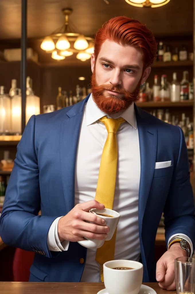 (best quality, 4k, 8k, high resolution, masterpiece: 1.2), detailed facial features, spectacular lighting, anatomically correct, super detail, (red hair and bandholz beard), elegant blue suit, white shirt and yellow tie, drinking a cup of coffee in a retro bar, happy look