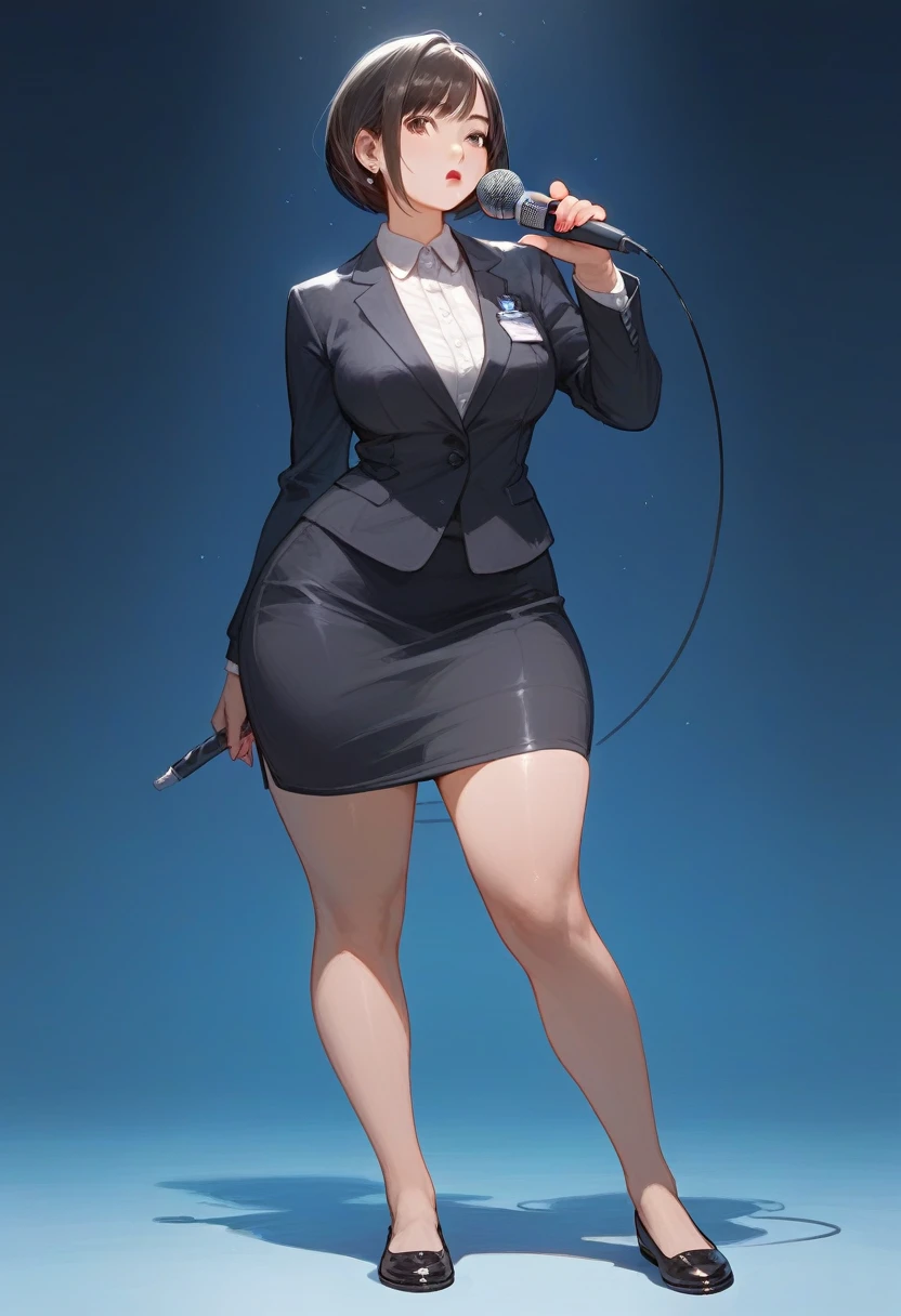 (score_9,score_8_up,score_7_up) 1lady asian, solo, mature female, (black short hair), bob hairstyle, bangs, almond eyes, (suit), tight black blazer, (tight pencil_skirt), blank expression, pale, ((thick thighs)) ((flatshoes, black footwear)) ((wide hips)) standing upright, full body shown, holding microphone, news reporter, busty, thick legs, thick thighs pressed together, asian woman, hourglass bodyfigure, staring at camera, asian details, facing forward, detailed face, staring