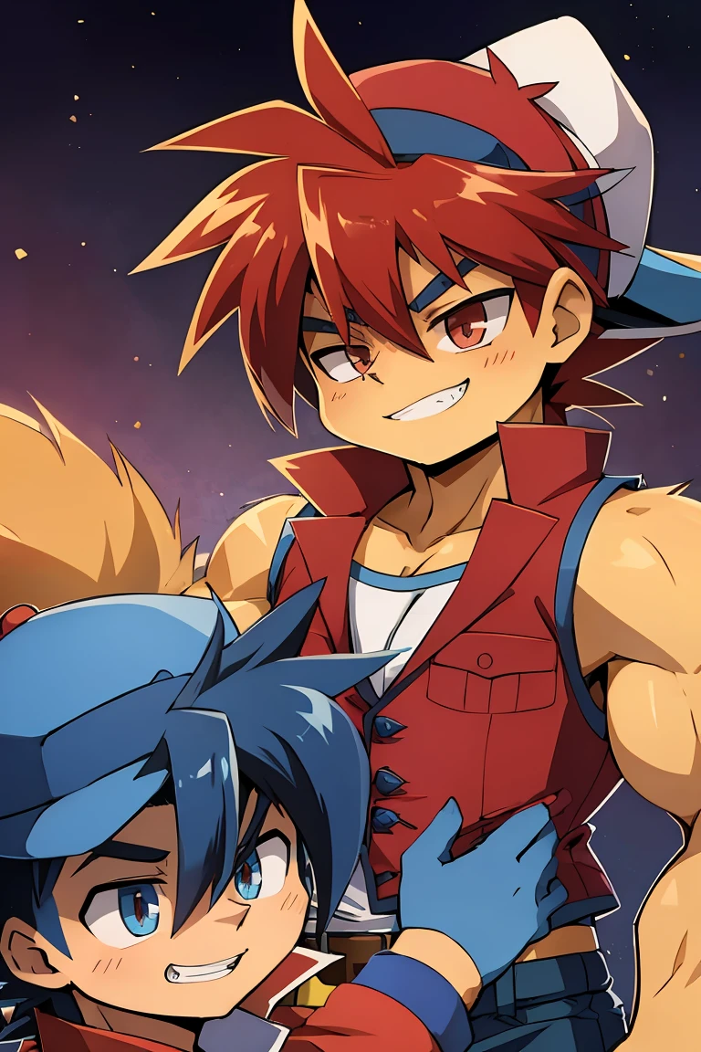 Huge muscles,cramped clothes,Young boy,,(((8-year-old boy)))Blue hat,Spiky Hair,Red vest,An innocent smile,Double teeth,Beyblade Battle,Shota,Cunning