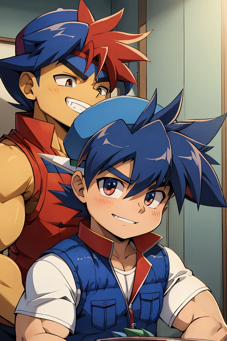 Huge muscles,cramped clothes,Young boy,,(((8-year-old boy)))Blue hat,Spiky Hair,Red vest,An innocent smile,Double teeth,Beyblade Battle,Shota,Cunning