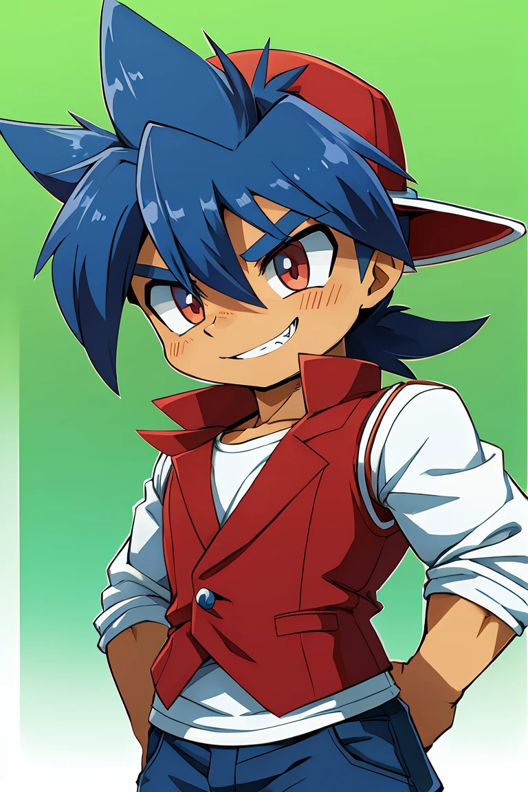 Huge muscles,cramped clothes,Young boy,,(((8-year-old boy)))Blue hat,Spiky Hair,Red vest,An innocent smile,Double teeth,Beyblade Battle,Shota,Cunning